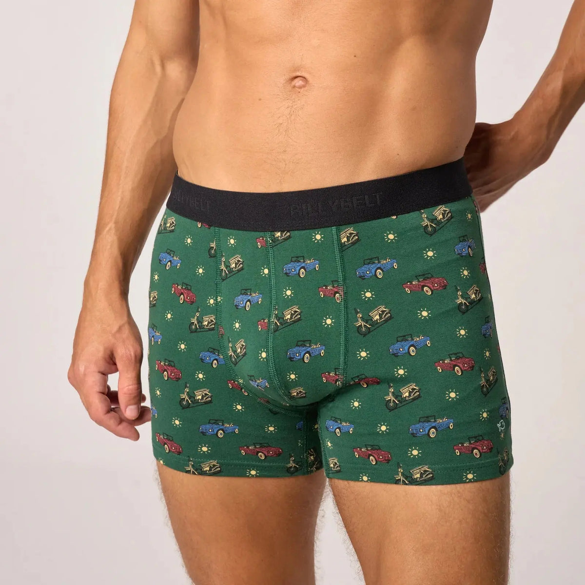 Boxer Roadtrip de face, motif voitures décapotables, scooters et soleils, ceinture élastique noire