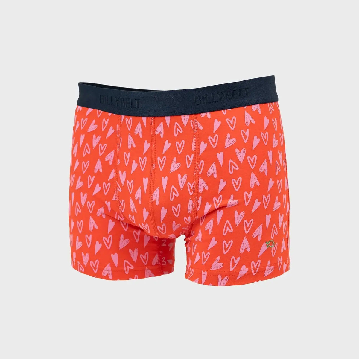 Boxer Valentin rouge orangé à plat, imprimé cœurs roses dessinés à la main, ceinture Bleu Marine unie
