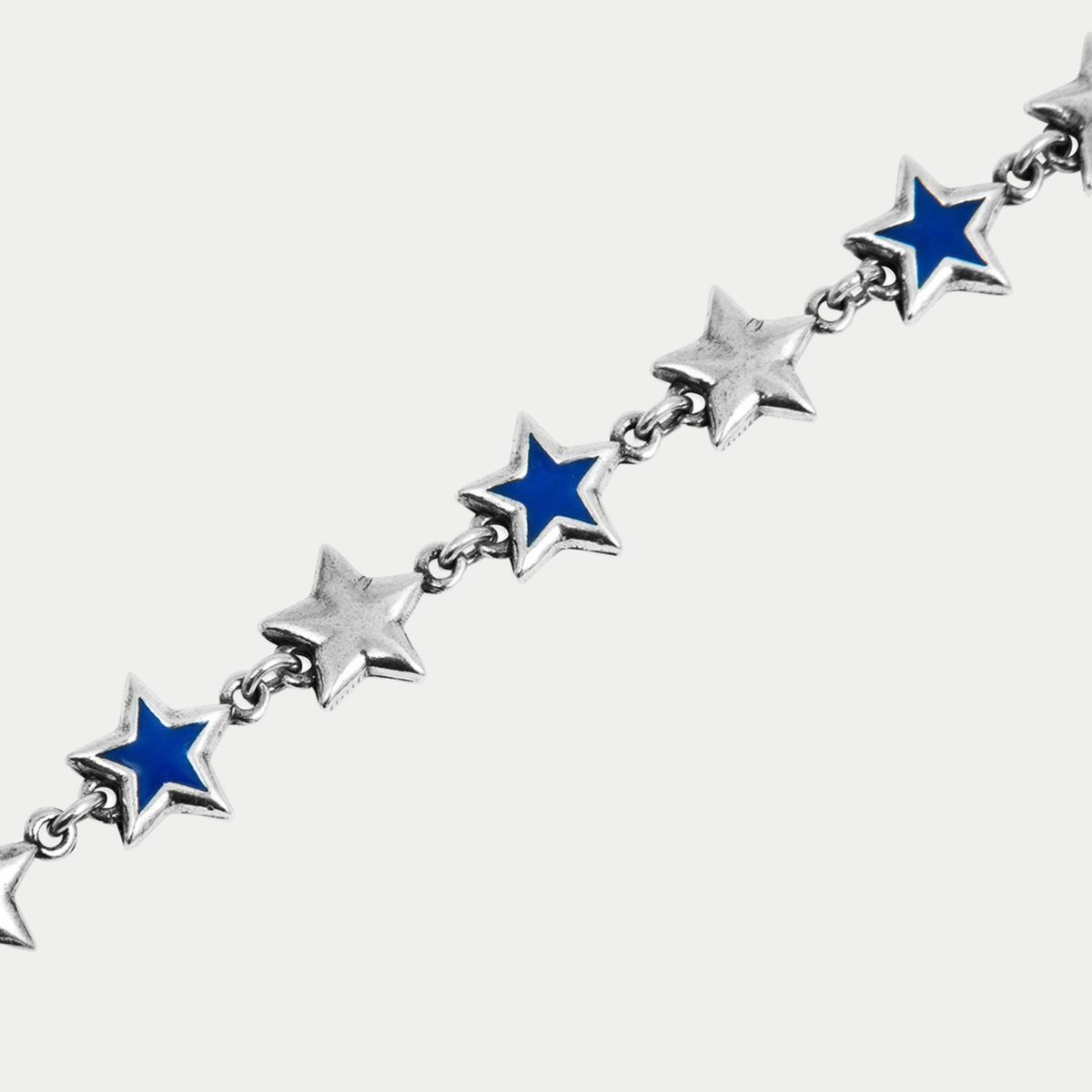 Gros plan des étoiles bombées argentées et émaillées bleues du bracelet Twojeys