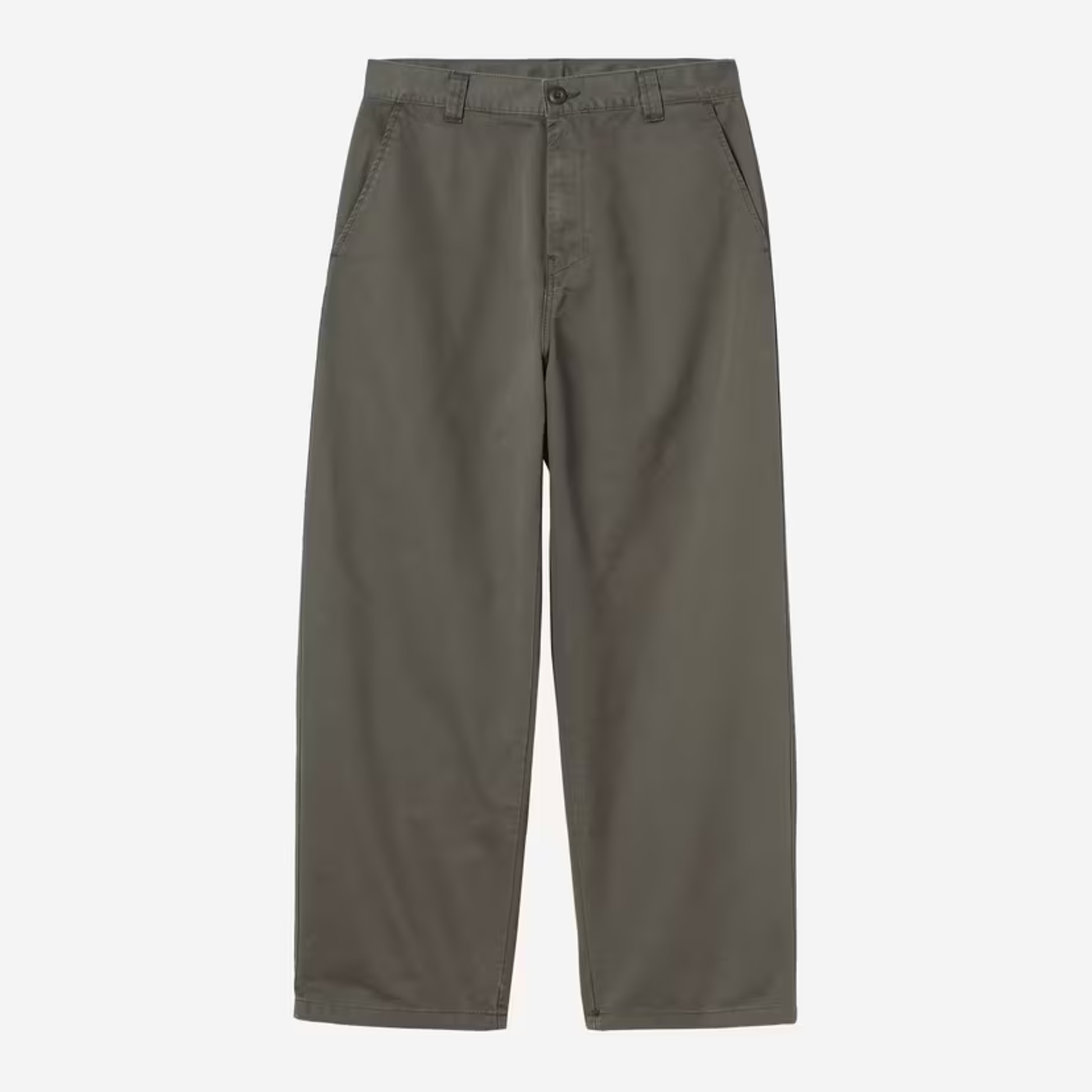 Pantalon Brady Shungite Stone Washed Carhartt WIP à plat de face, kaki grisé et coupe droite décontractée