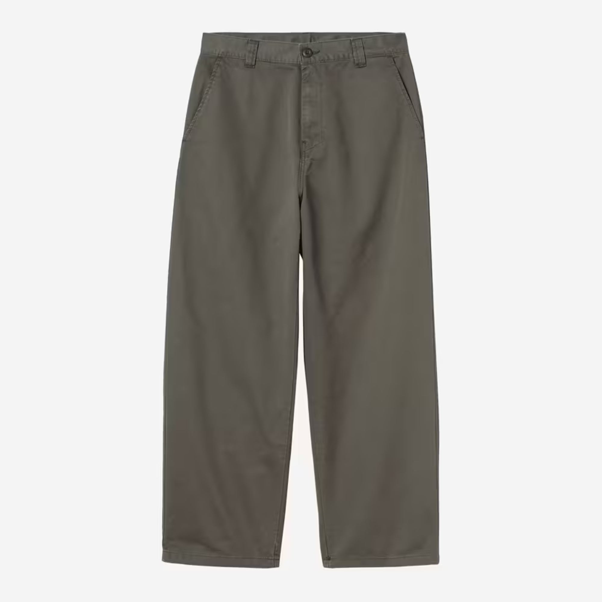 Pantalon Brady Shungite Stone Washed Carhartt WIP à plat de face, kaki grisé et coupe droite décontractée