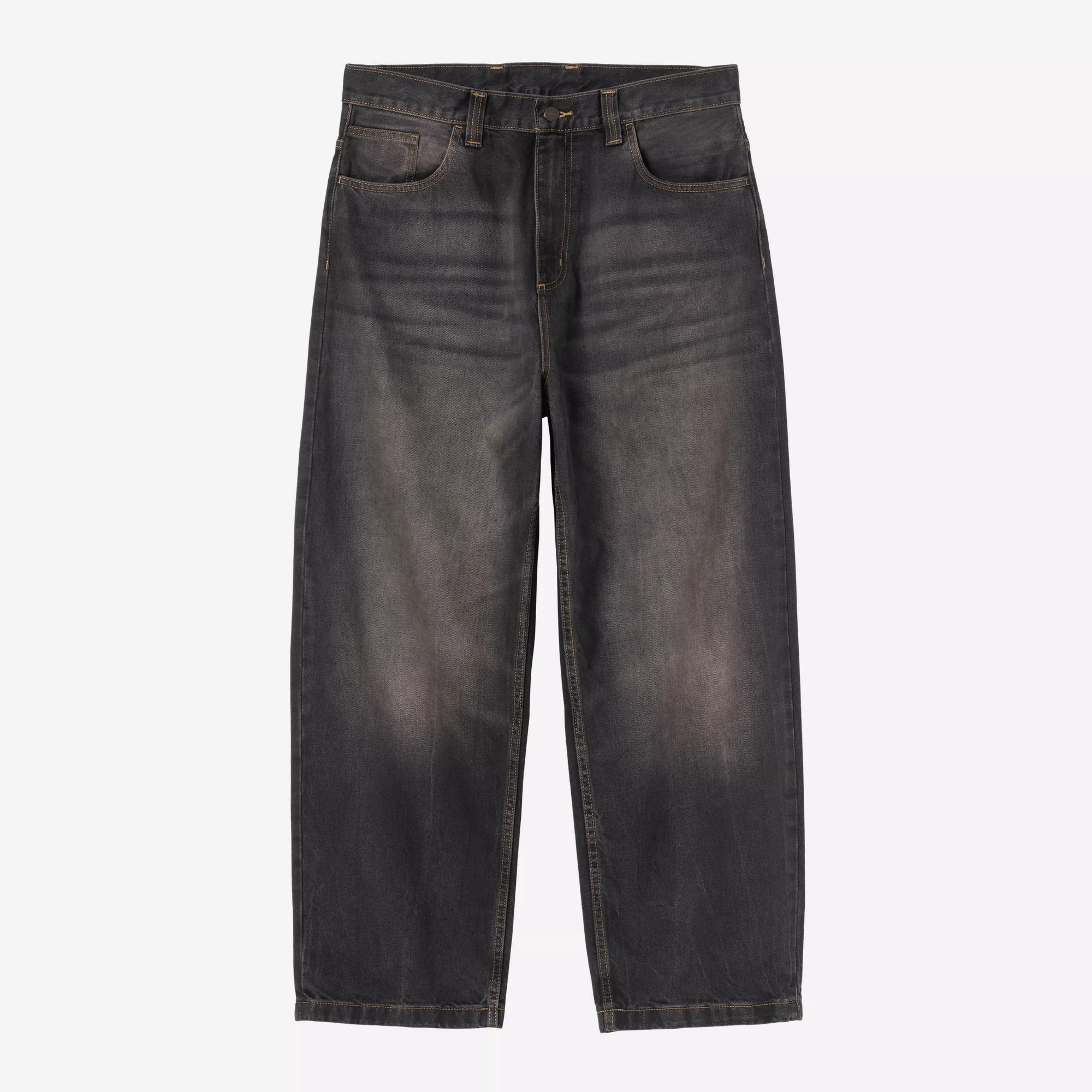 Brandon Pant Carhartt WIP à plat de face, denim noir délavé au gris et surpiqûres tabac
