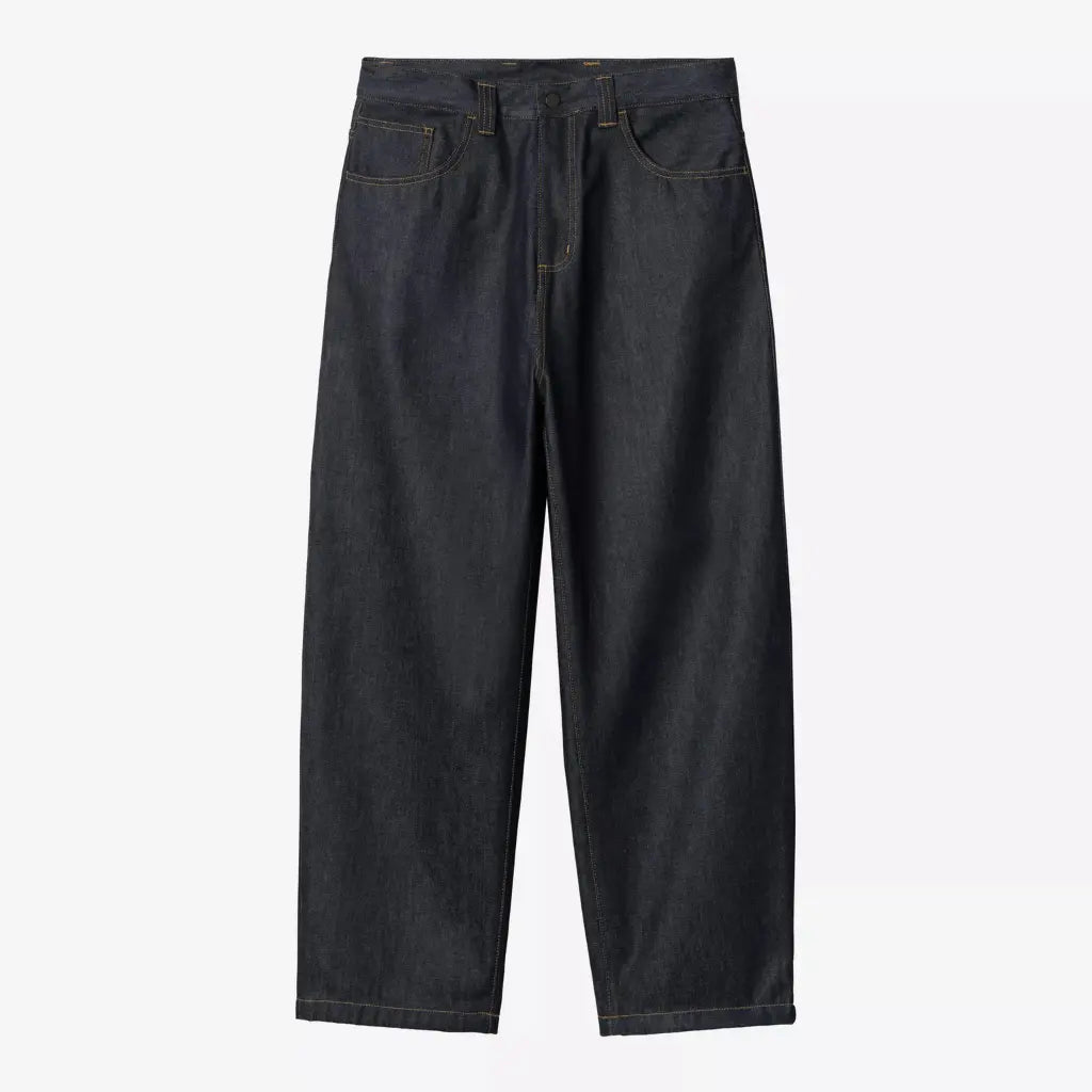 Brandon Pant Blue Rigid à plat de face : denim brut non délavé, cinq poches, braguette zippée, bouton foncé