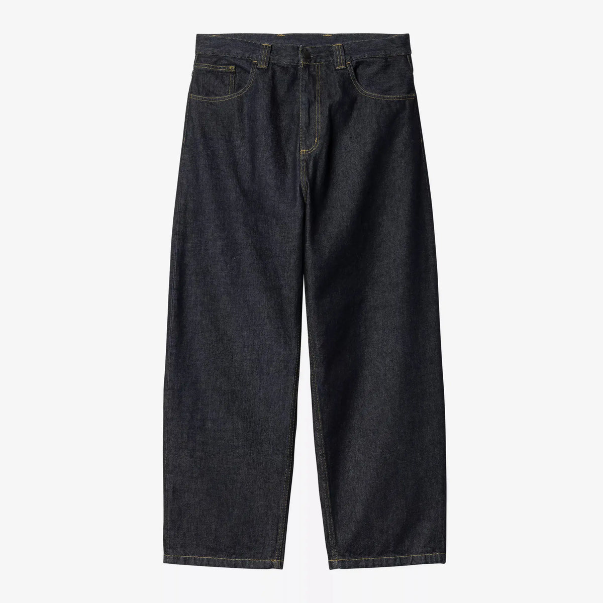 Brandon Pant Blue Rinsed de Carhartt WIP à plat de face : indigo profond à peine rincé, surpiqûres jaune doré