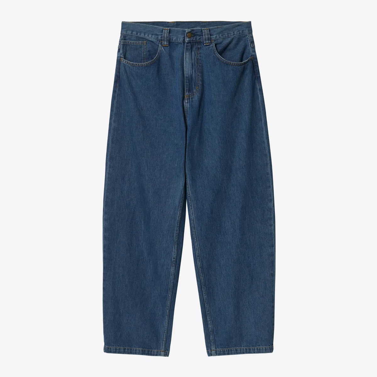 Brandon Pant Blue Stone Washed de Carhartt WIP à plat : bleu moyen adouci, marbrures claires sur les cuisses
