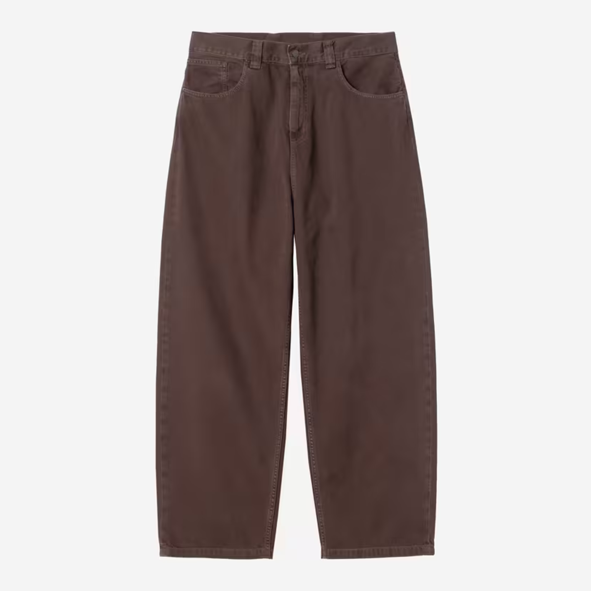 Pantalon Brandon Palisander Carhartt WIP à plat de face, brun bordeaux, coupe loose straight et cinq poches