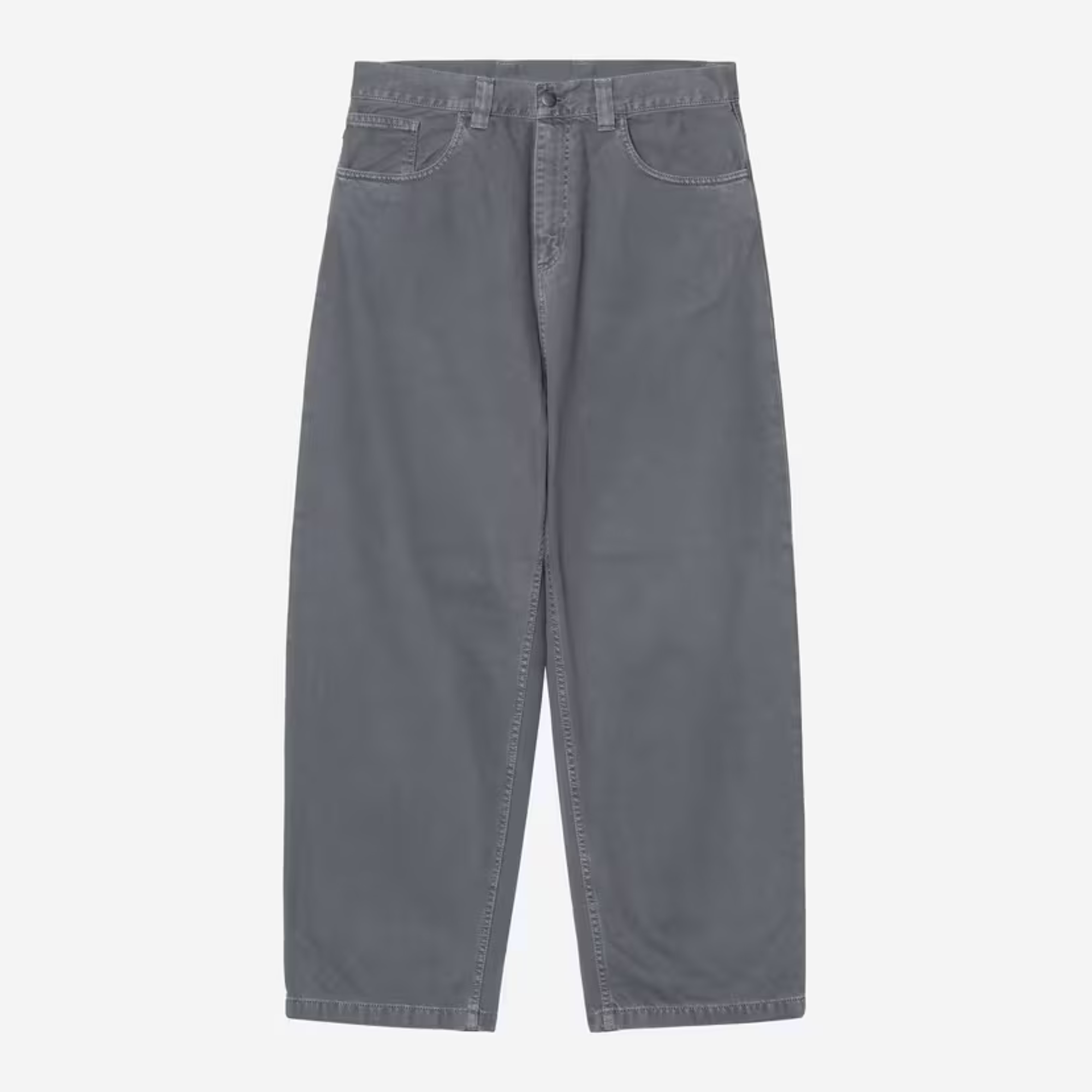 Pantalon Brandon Styx Carhartt WIP à plat de face, gris ardoise uni et coupe loose straight