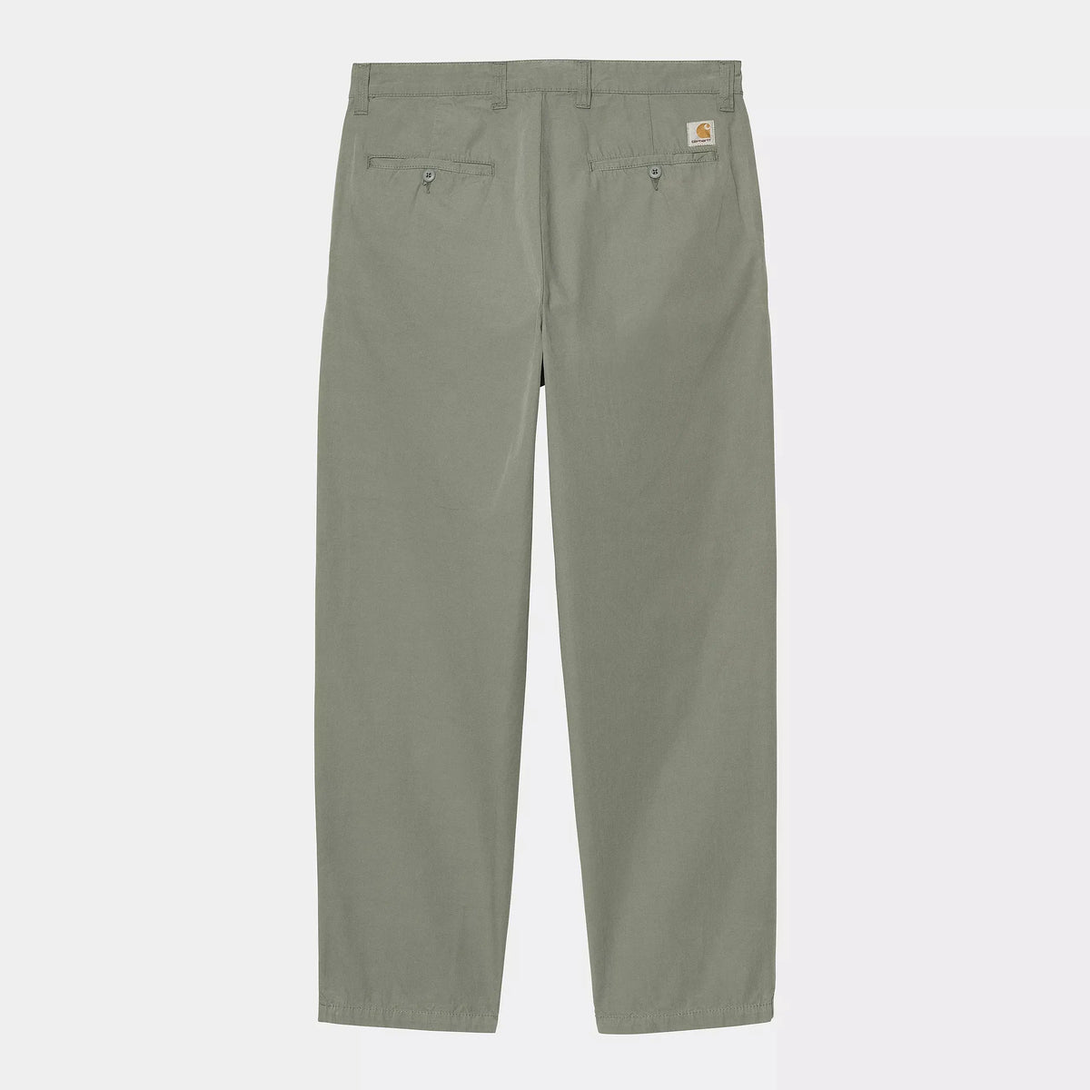 Dos du Calder Pant vert sauge à plat : deux poches passepoilées boutonnées et étiquette logo à la ceinture