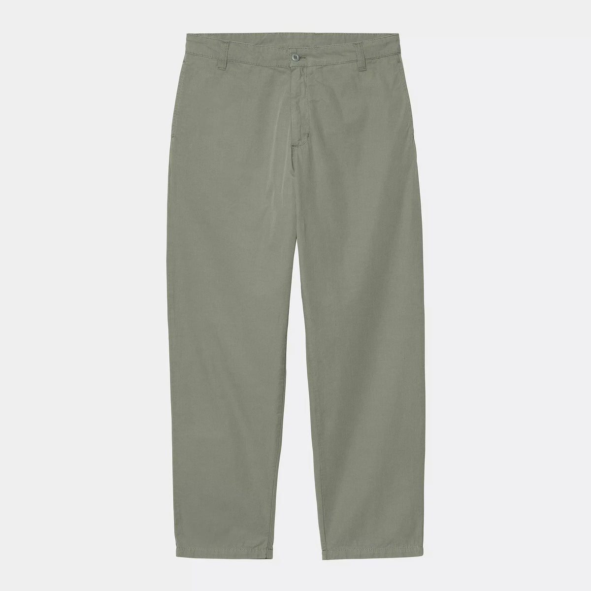 Calder Pant vert sauge grisé à plat de face : coupe droite, passants de ceinture et poches italiennes