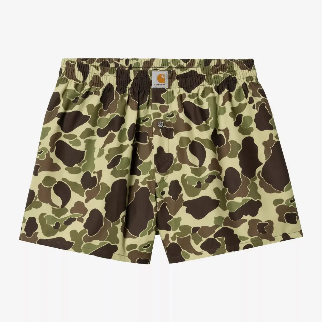 Caleçon Camo Duck imprimé camouflage beige, vert olive et brun, taille élastiquée et pont à un bouton