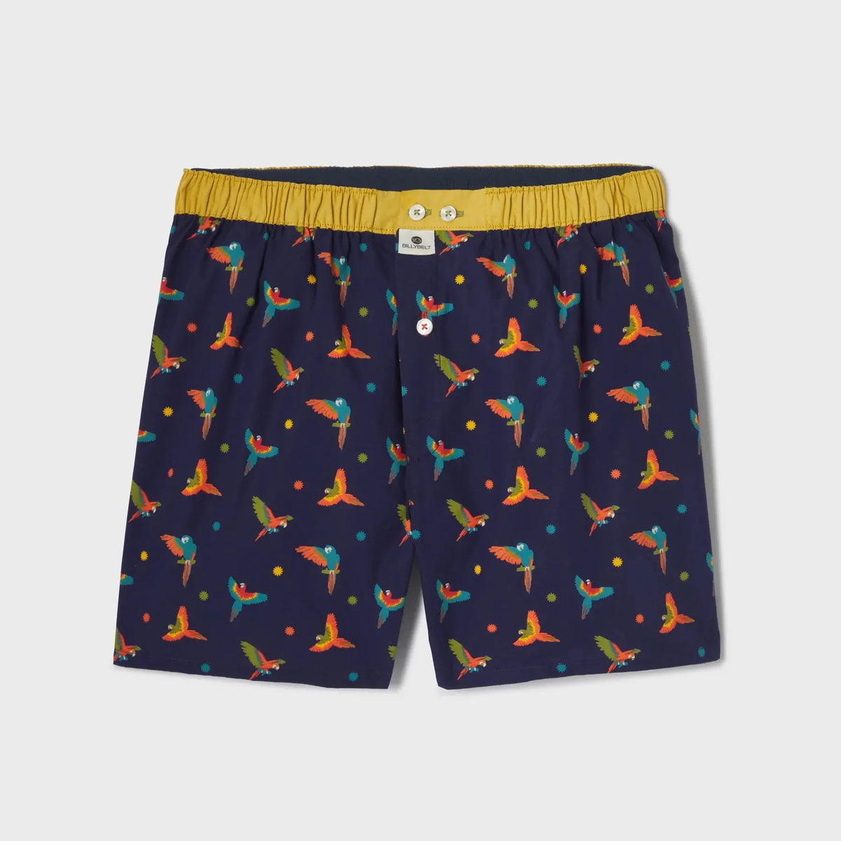 Caleçon à plat, aras multicolores en vol et petites étoiles sur fond Bleu Marine, ceinture jaune moutarde