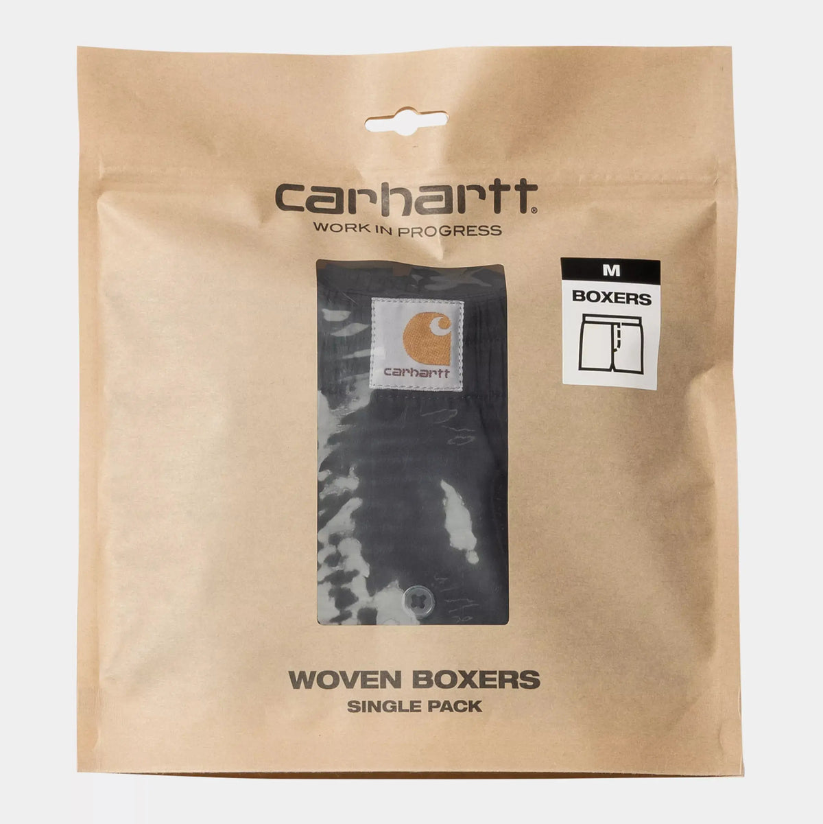 Pochette kraft Woven Boxers refermable contenant le caleçon noir, fenêtre transparente sur le devant