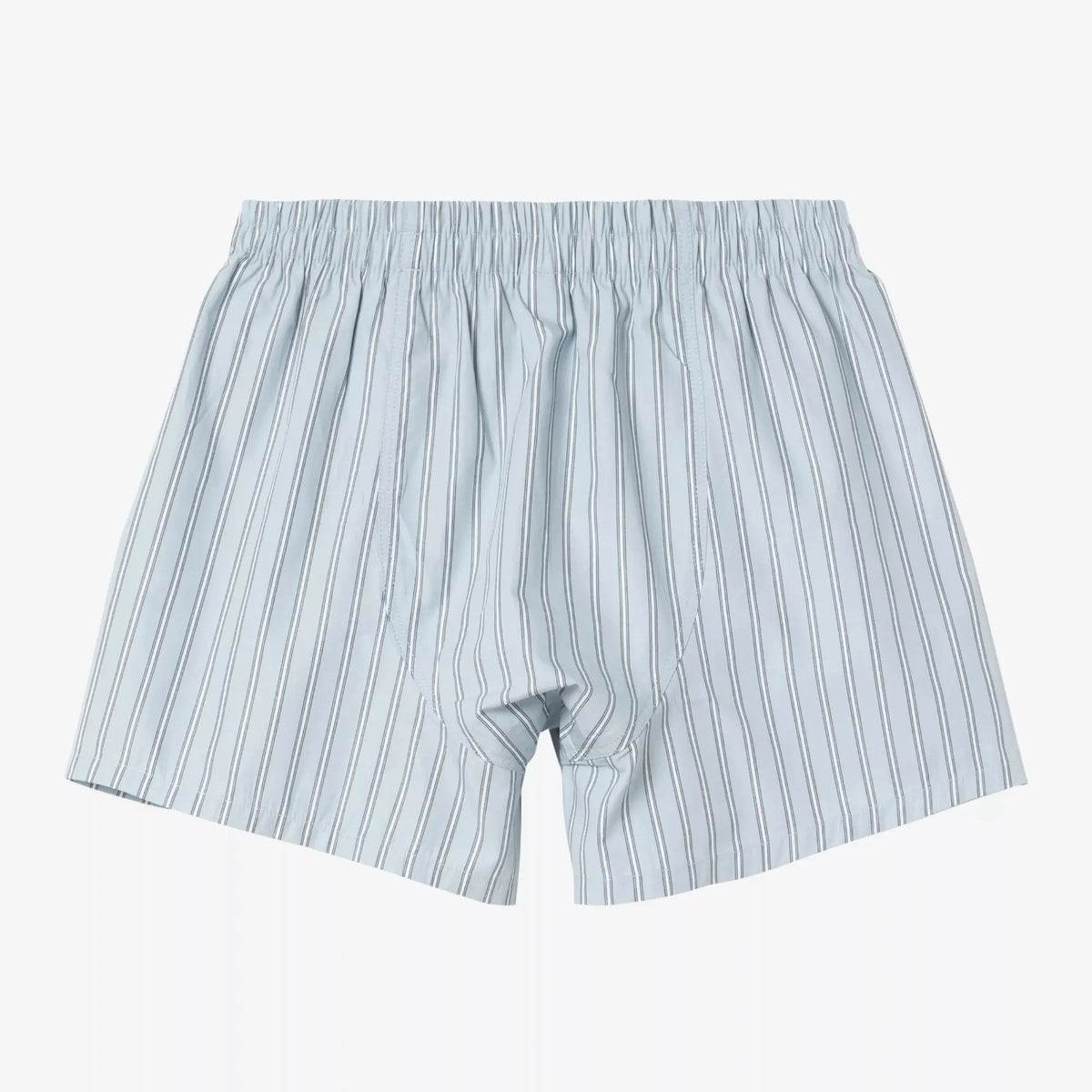 Dos du caleçon Grimsby, coton rayé bleu ciel et blanc, taille élastiquée froncée et coutures latérales