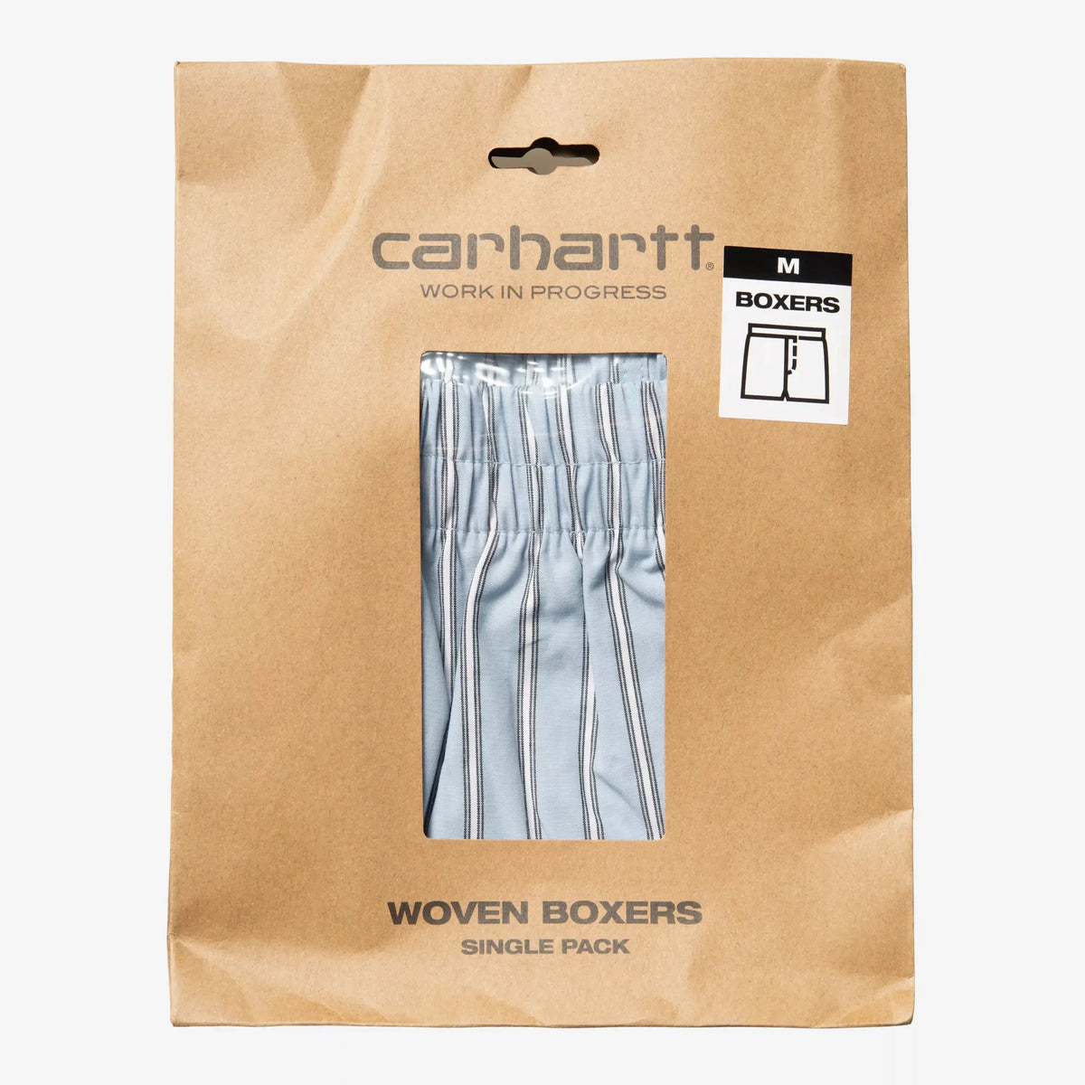 Pochette kraft d'emballage à fenêtre transparente laissant voir le caleçon Grimsby rayé bleu ciel plié