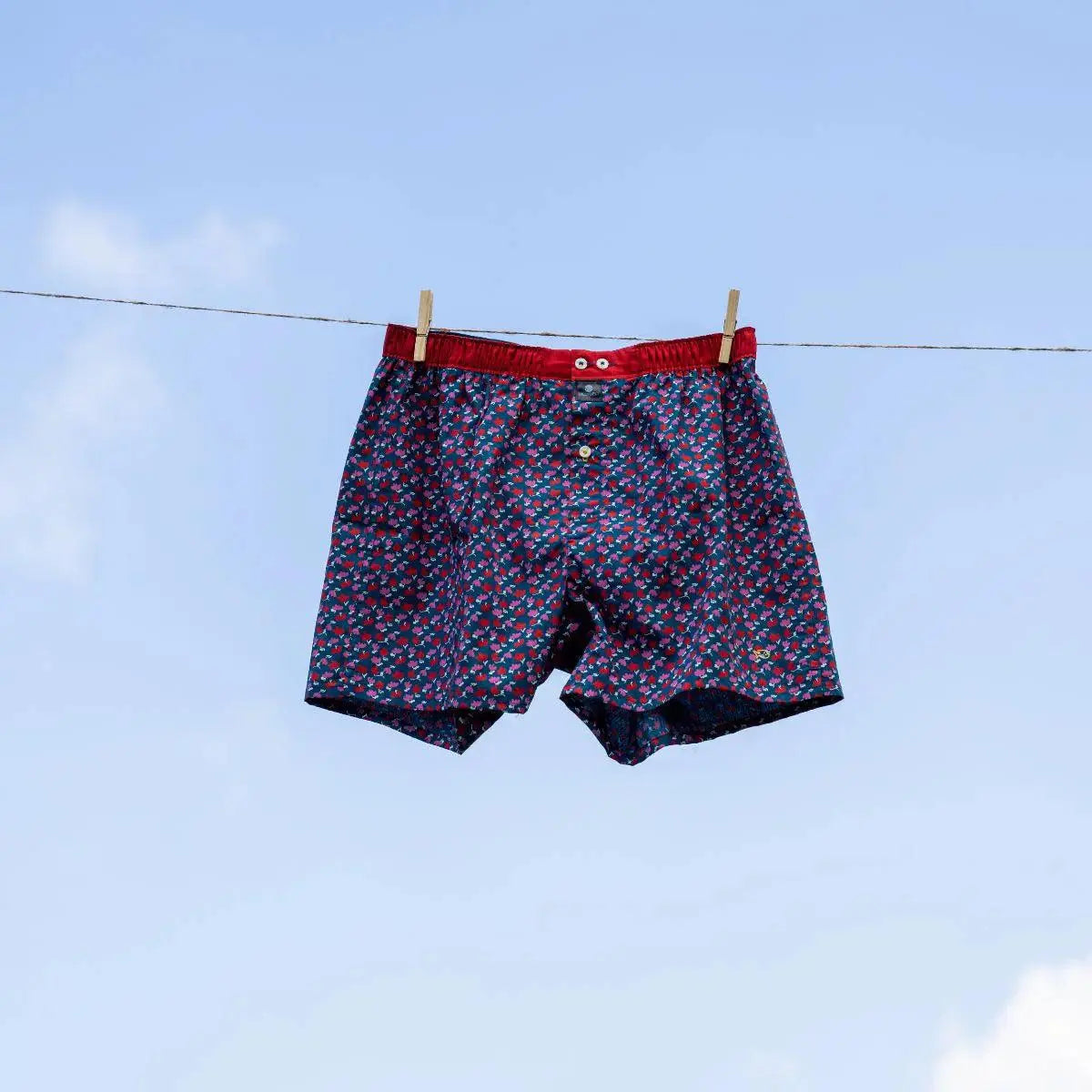 Caleçon fleuri suspendu à une corde à linge par deux pinces en bois, devant un ciel bleu et ses nuages