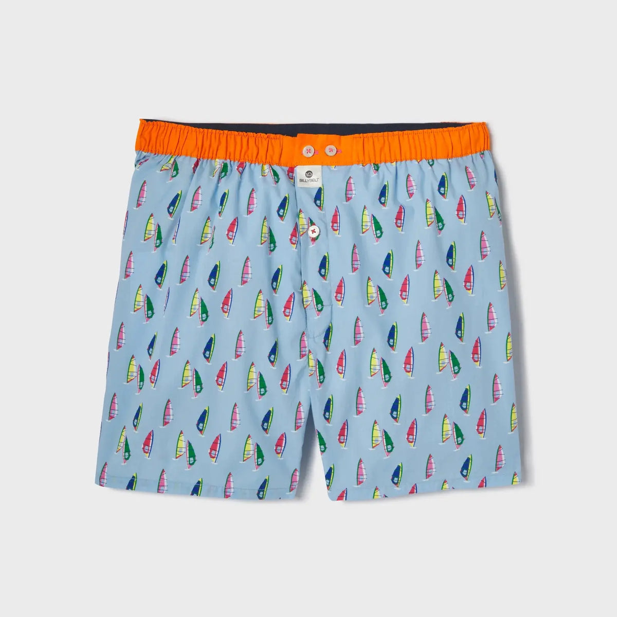 Caleçon à plat, voiles de planche à voile multicolores sur fond bleu ciel, ceinture élastique orange