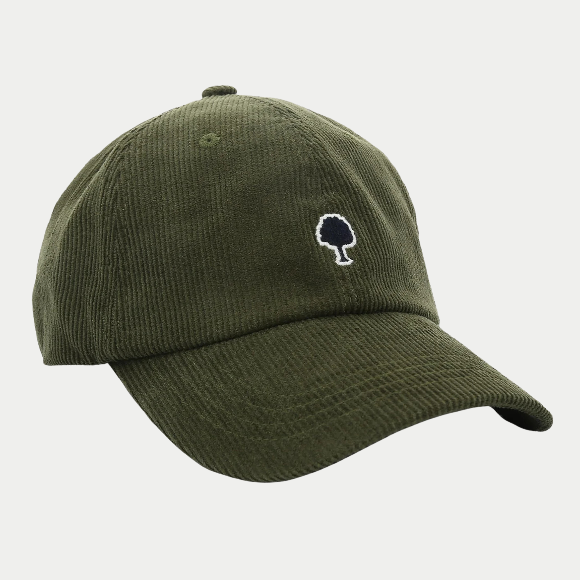 Casquette Faguo en velours côtelé kaki vue de trois-quarts avant, broderie arbre marine cernée de blanc