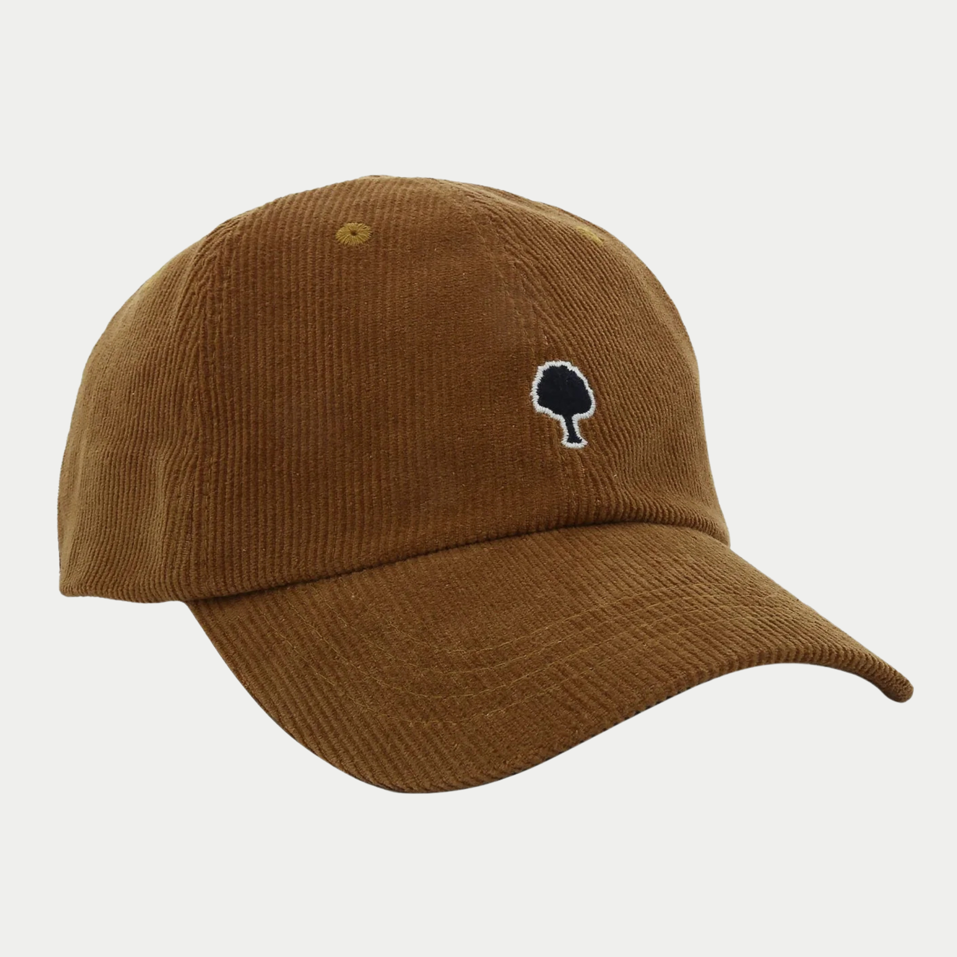Casquette Faguo en velours côtelé camel, vue trois-quarts avant, broderie arbre marine et visière courbée