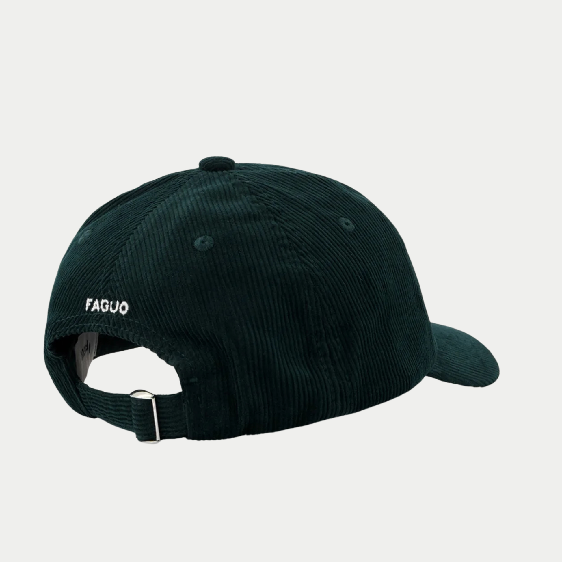 Casquette velours côtelé vert foncé Faguo vue de dos, sangle réglable à boucle métallique et logo FAGUO brodé blanc