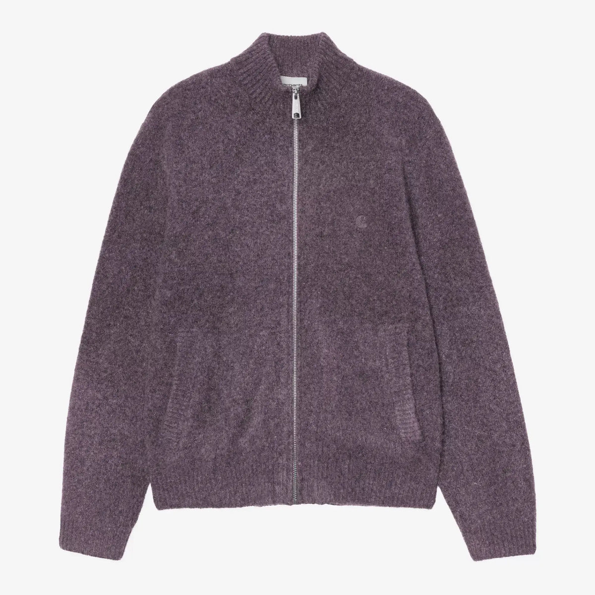 Cardigan zippé Curtis Shady Purple Carhartt WIP à plat de face, col montant côtelé, zip double sens et logo C brodé ton sur ton