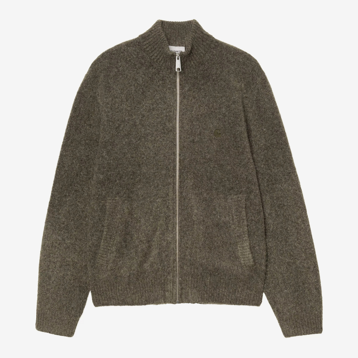Cardigan zippé Curtis de Carhartt WIP en maille kaki chinée, à plat, col montant côtelé et zip double sens