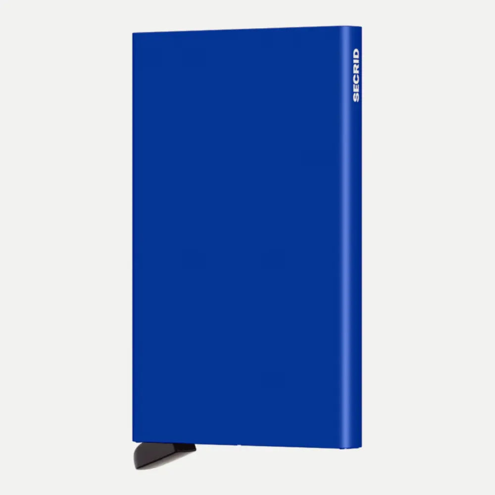 Porte-cartes aluminium bleu électrique dressé de face, levier d'éjection noir en pied