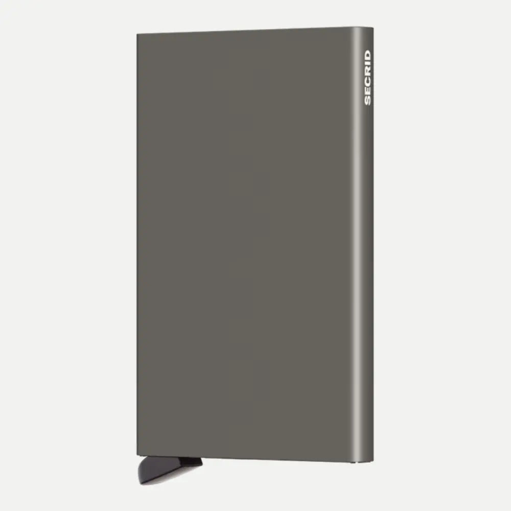 Porte-cartes aluminium gris taupe métallisé, vue de face debout, tranche biseautée