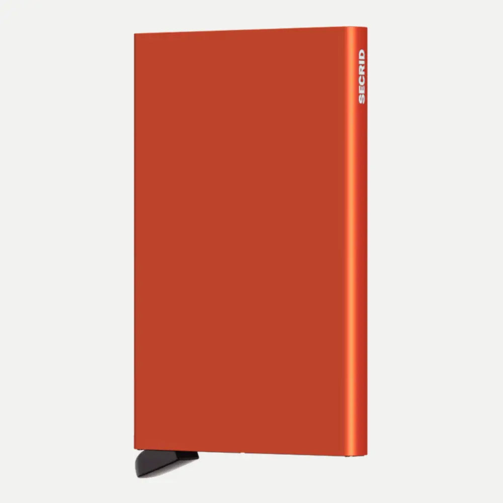 Porte-cartes aluminium orange brûlé de face, arête droite et poussoir noir en bas