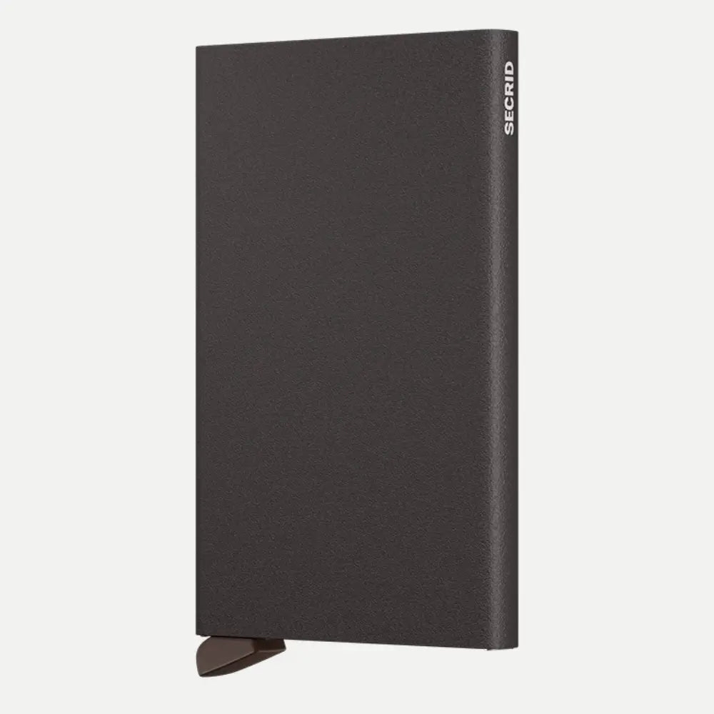 Porte-cartes aluminium brun sombre à finition poudrée grenue, debout de face