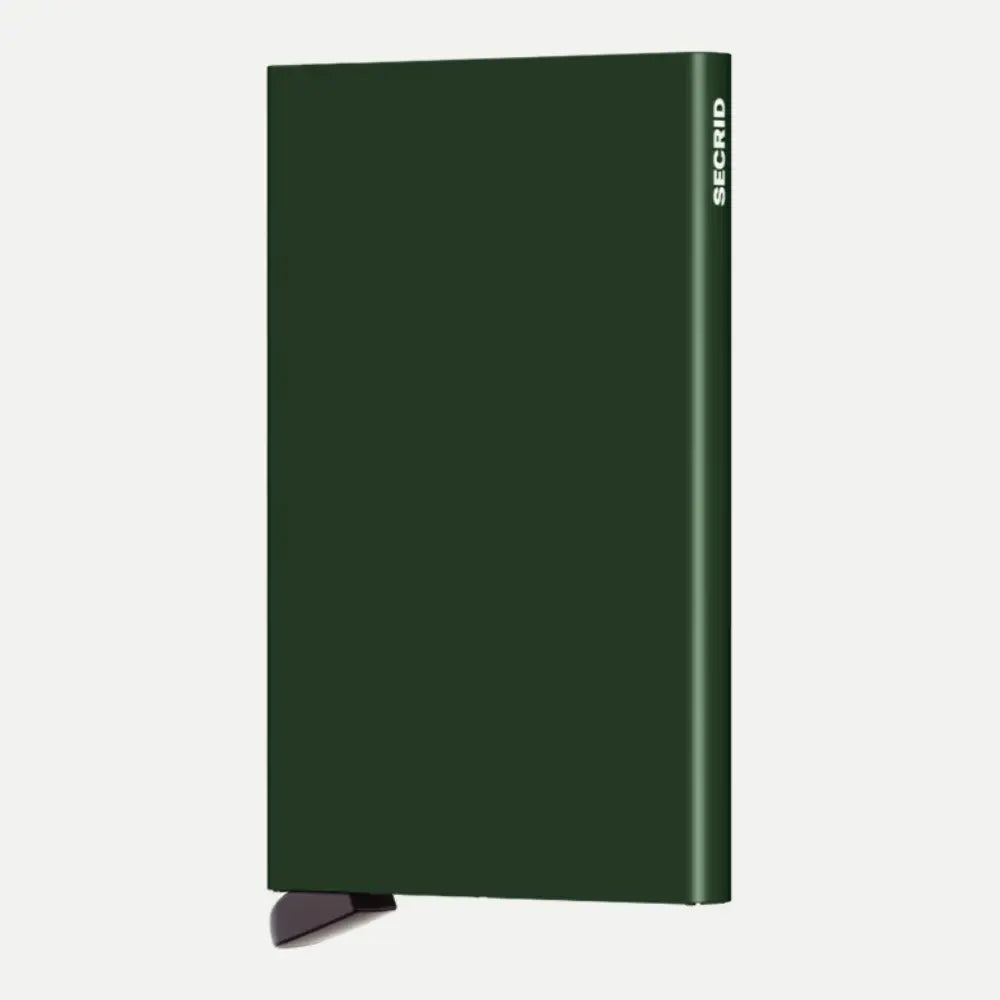 Porte-cartes aluminium vert bouteille lisse debout, levier d'éjection sous le corps