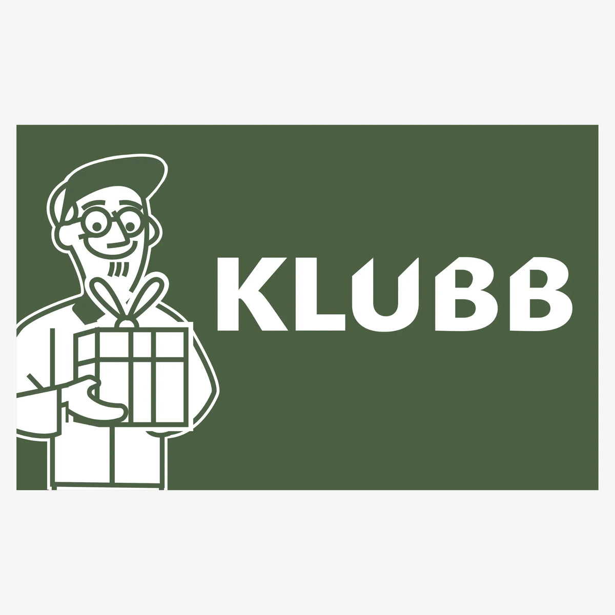 Carte-cadeau Klubb : recto vert, mascotte au béret et lunettes rondes tenant un paquet cadeau, logo KLUBB en blanc