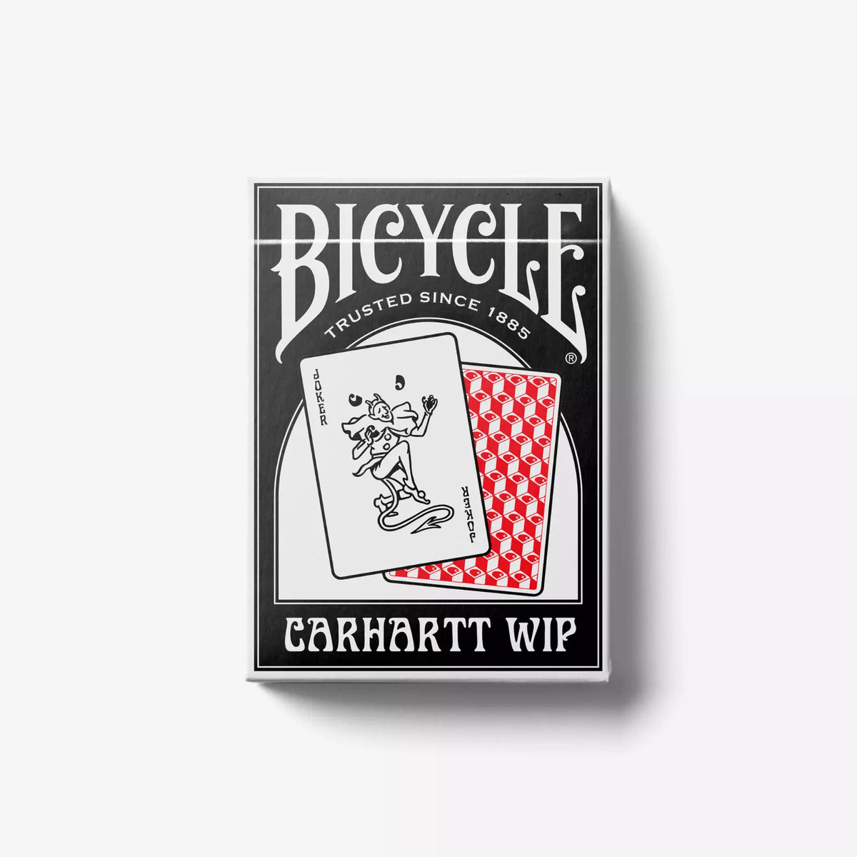 Jeu de cartes Bicycle Carhartt WIP : étui noir et blanc illustré d'un joker, mention Trusted Since 1885