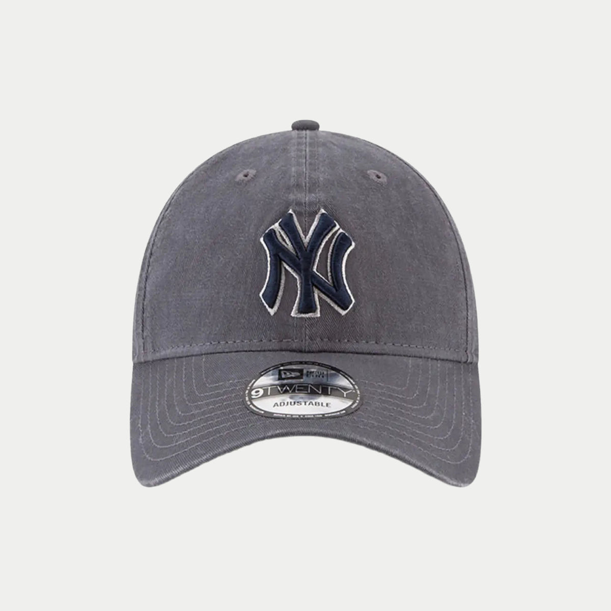 Vue de face : logo NY bleu marine brodé sur coton lavé gris ardoise