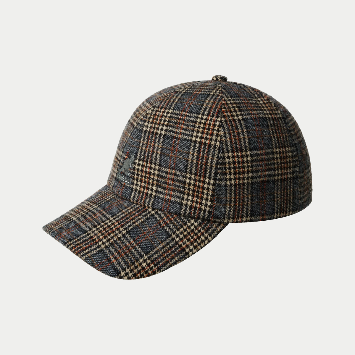 Casquette baseball Kangol à carreaux gris, vue trois quarts avec visière incurvée et logo kangourou