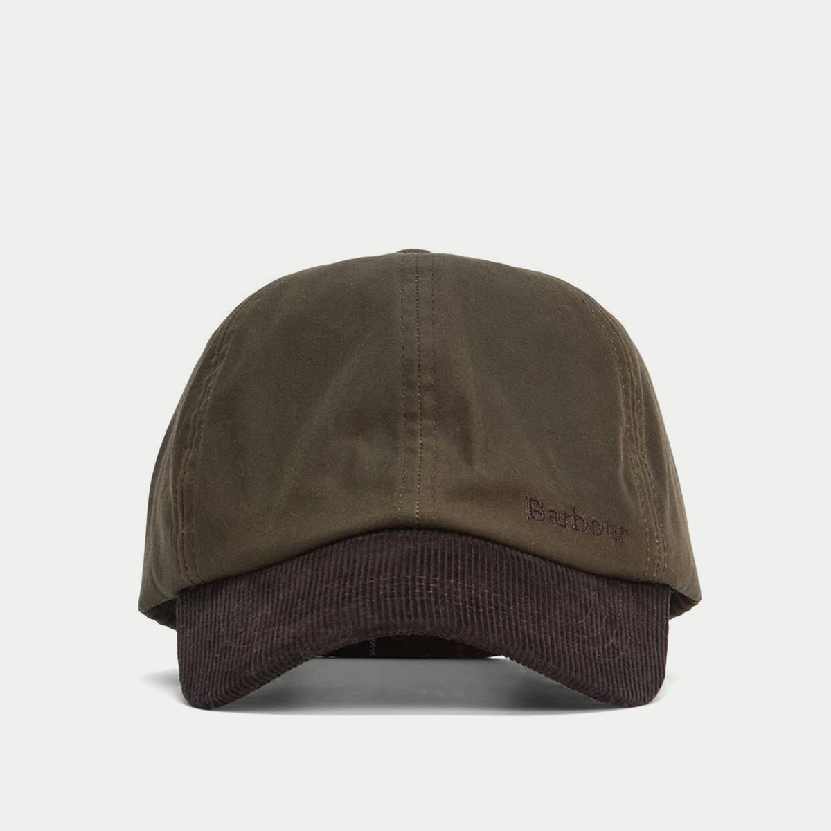 Casquette Ashby olive Barbour - vue de face, broderie Barbour sur le devant