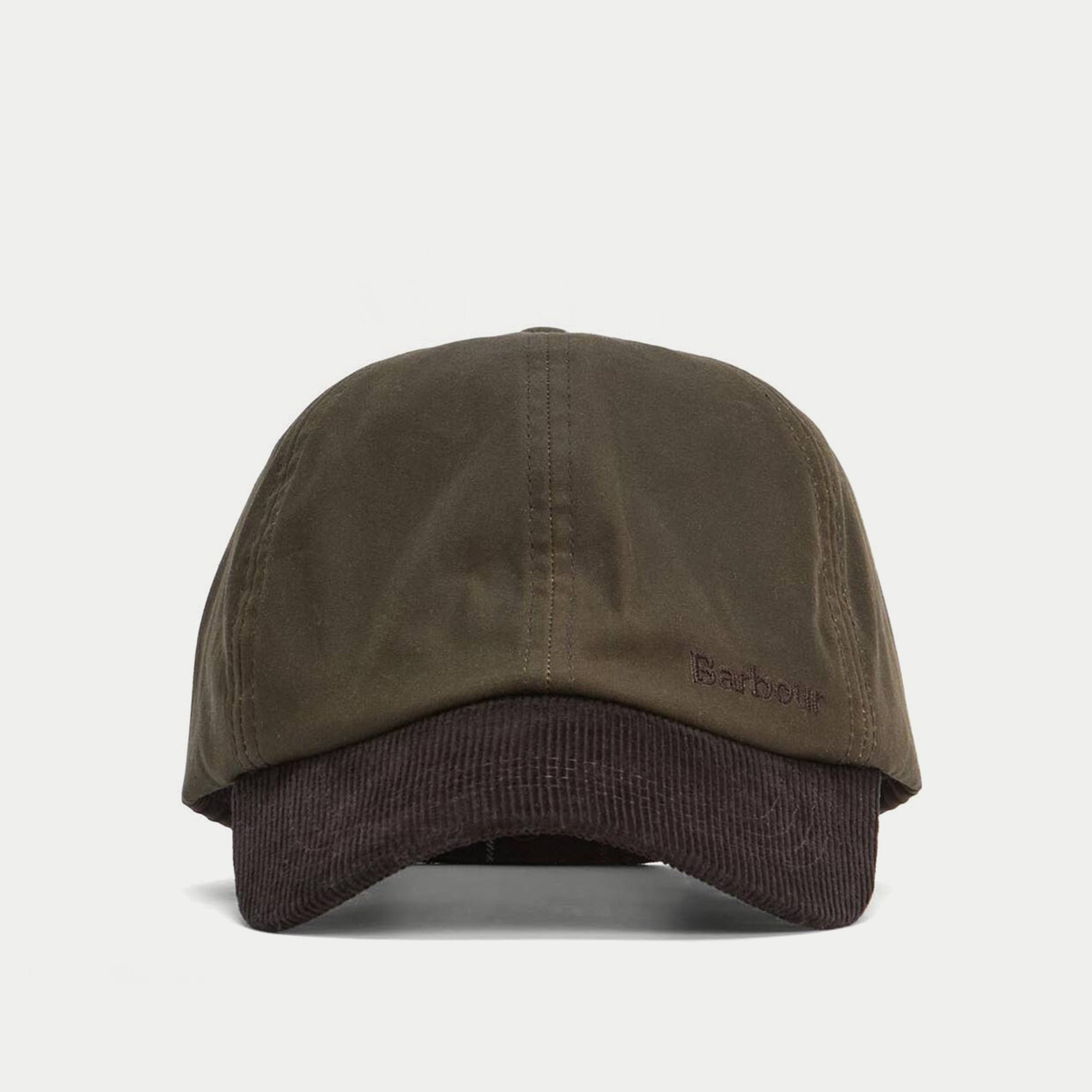 Casquette Ashby olive Barbour - vue de face, broderie Barbour sur le devant