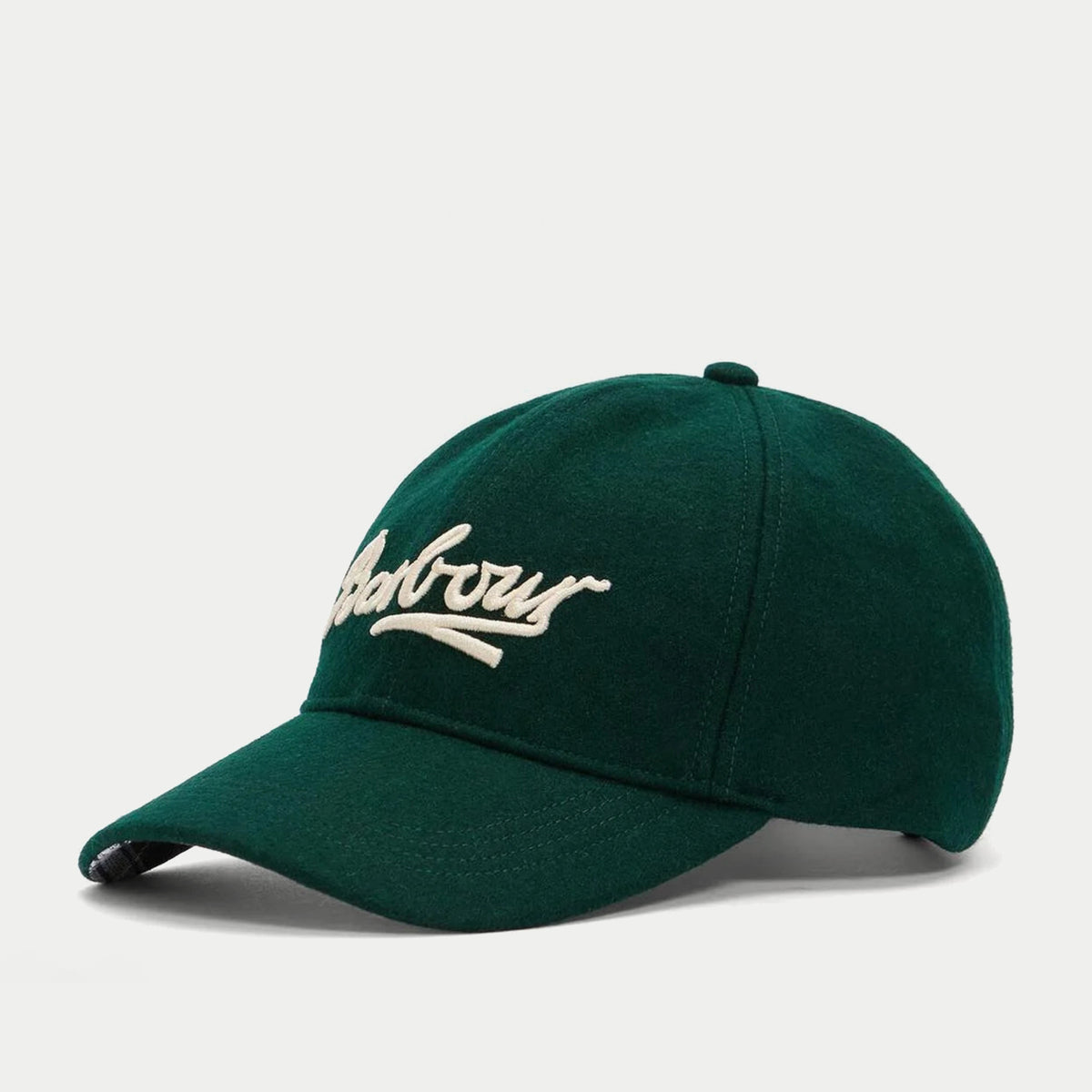 Casquette Bowery vert forêt Barbour de trois-quarts, drap de laine, logo script écru brodé, galon à carreaux sous la visière