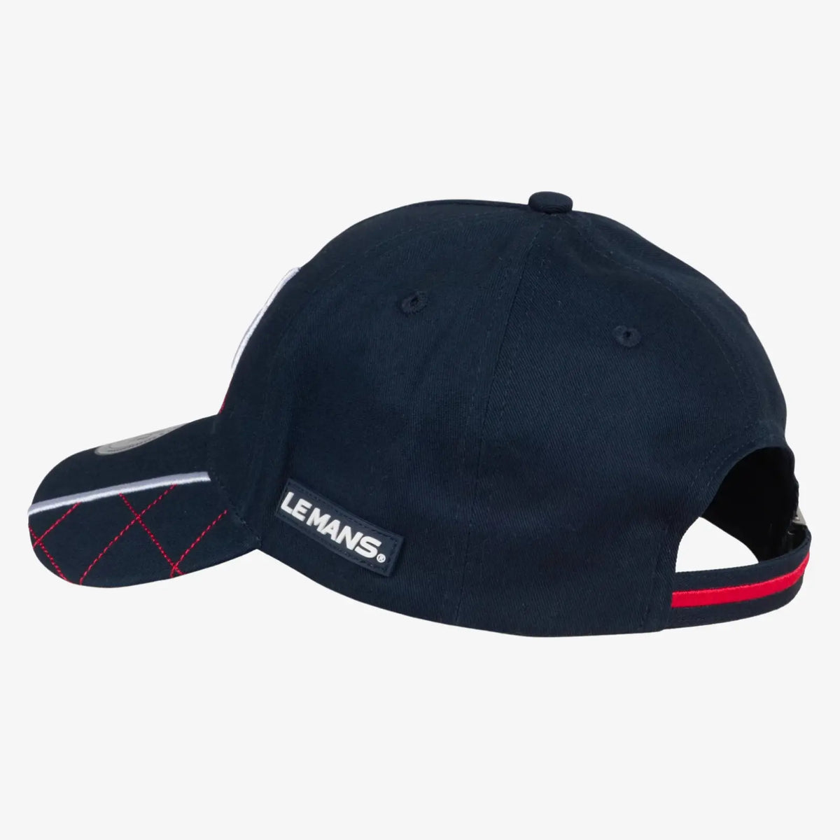 Casquette Pilote 24H du Mans bleu marine vue de dos, sangle réglable à boucle métallique, liseré rouge et œillets brodés