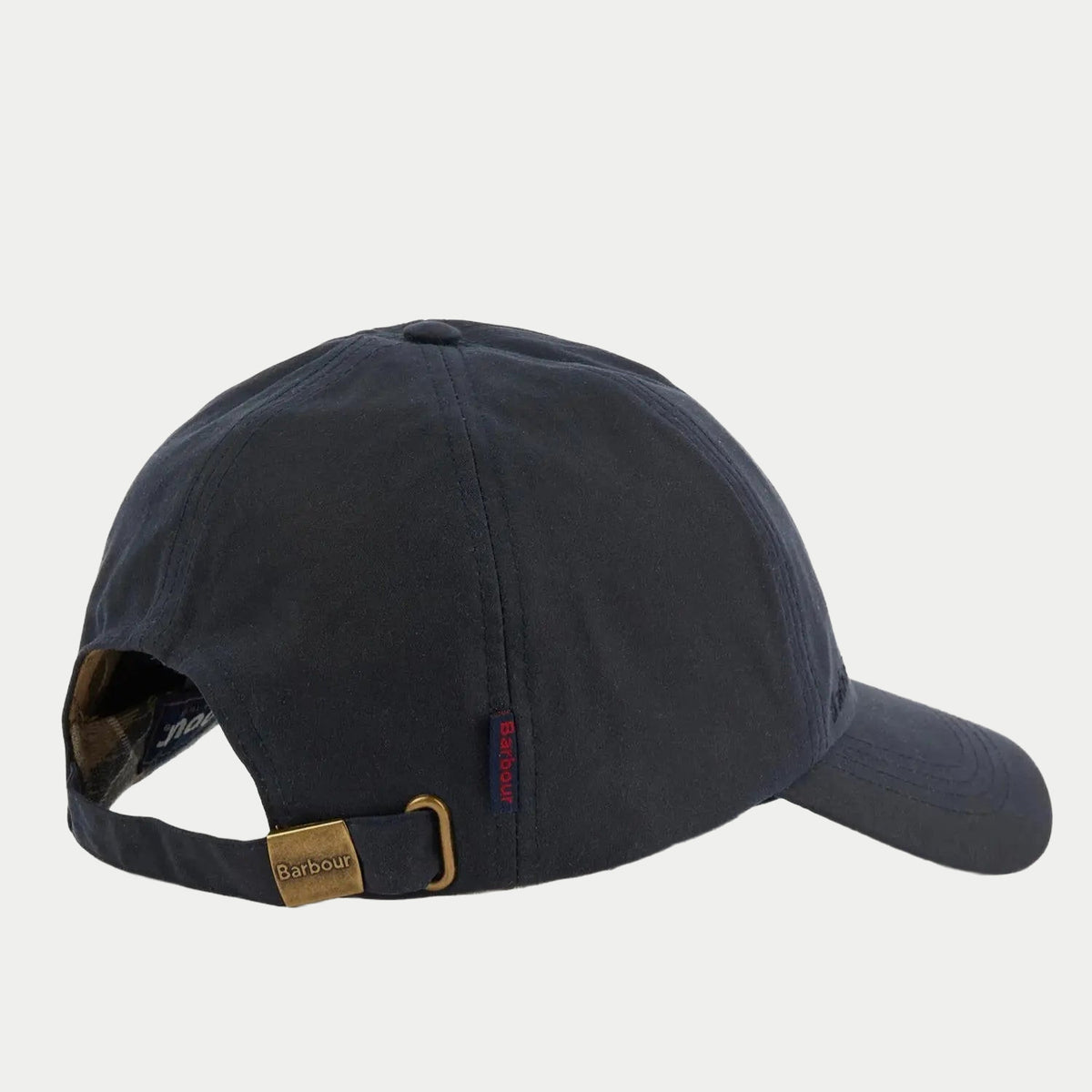 Casquette Wax Sports Navy Barbour - trois-quarts arrière, sangle réglable à boucle laiton et étiquette rouge