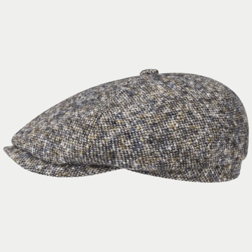 Casquette gavroche Brooklin en tweed Donegal bleu et beige moucheté, profil