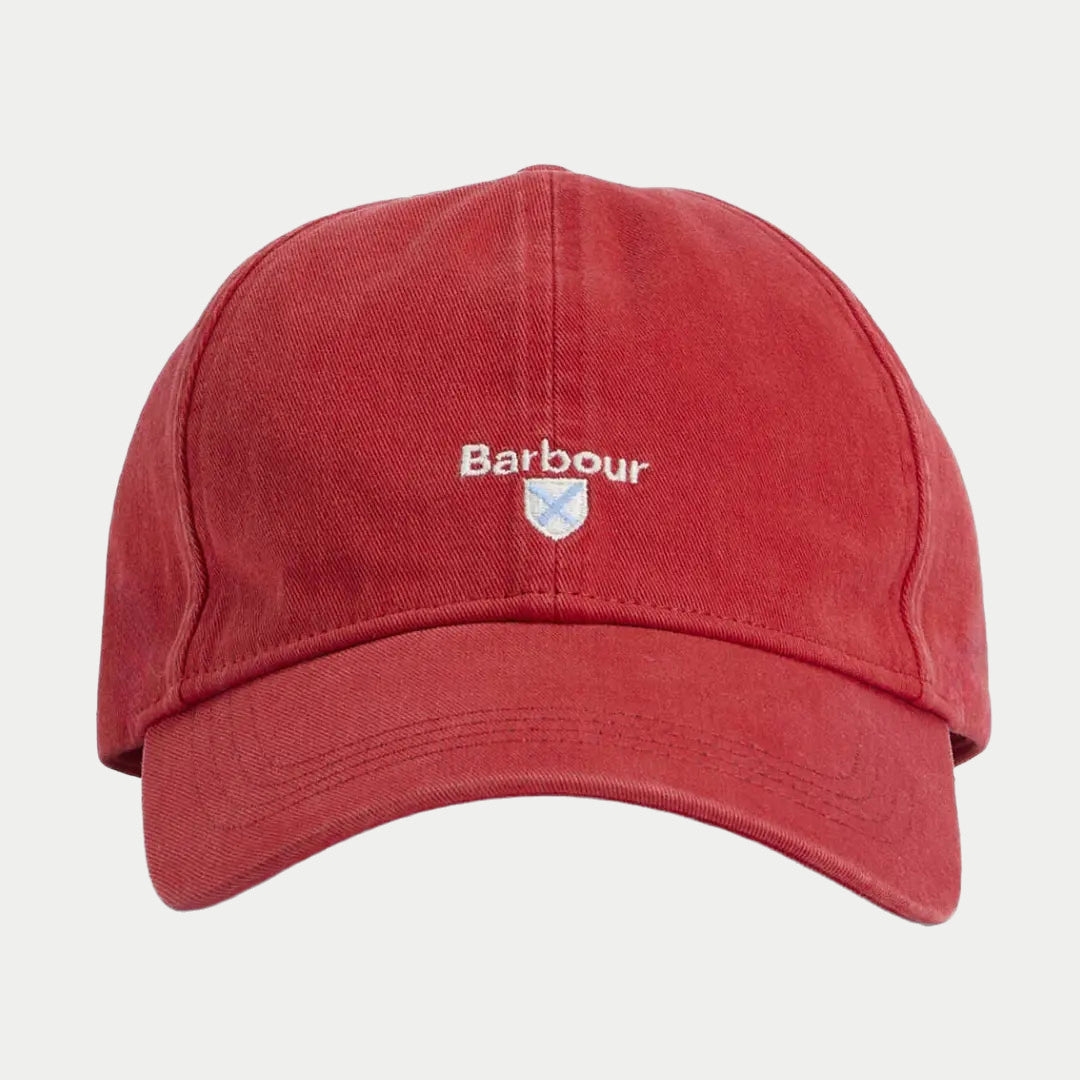 Casquette Cascade Lava de face, logo brodé écru et petit écusson bleu ciel centrés
