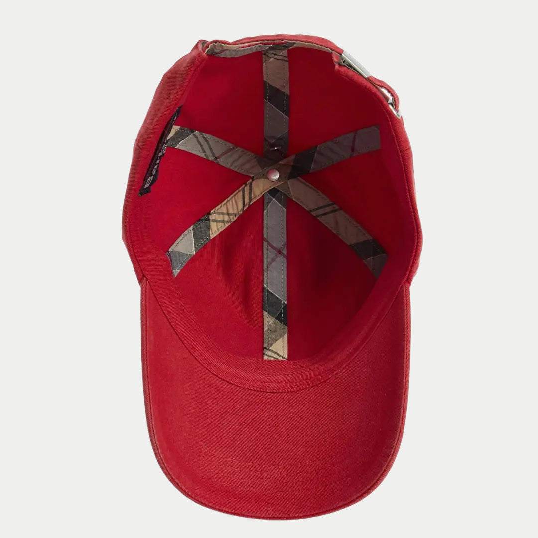 Intérieur de la casquette Cascade Lava : rubans tartan beige, vert et bordeaux en étoile