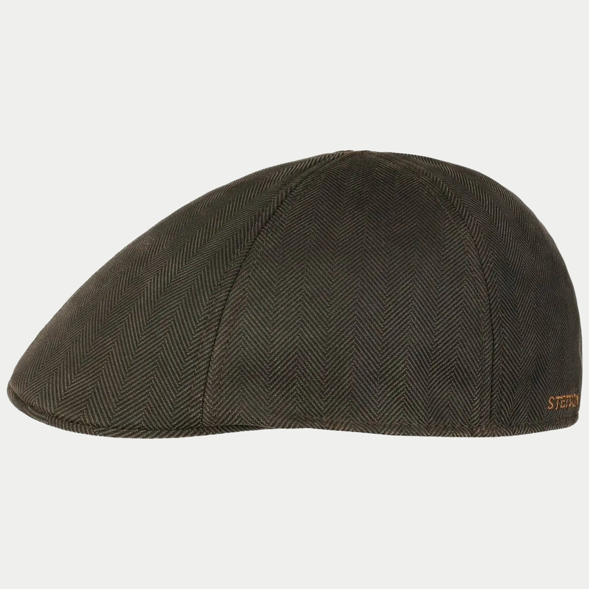 Casquette Duck Herringbone de profil, chevrons brun olive et visière cachée en bec