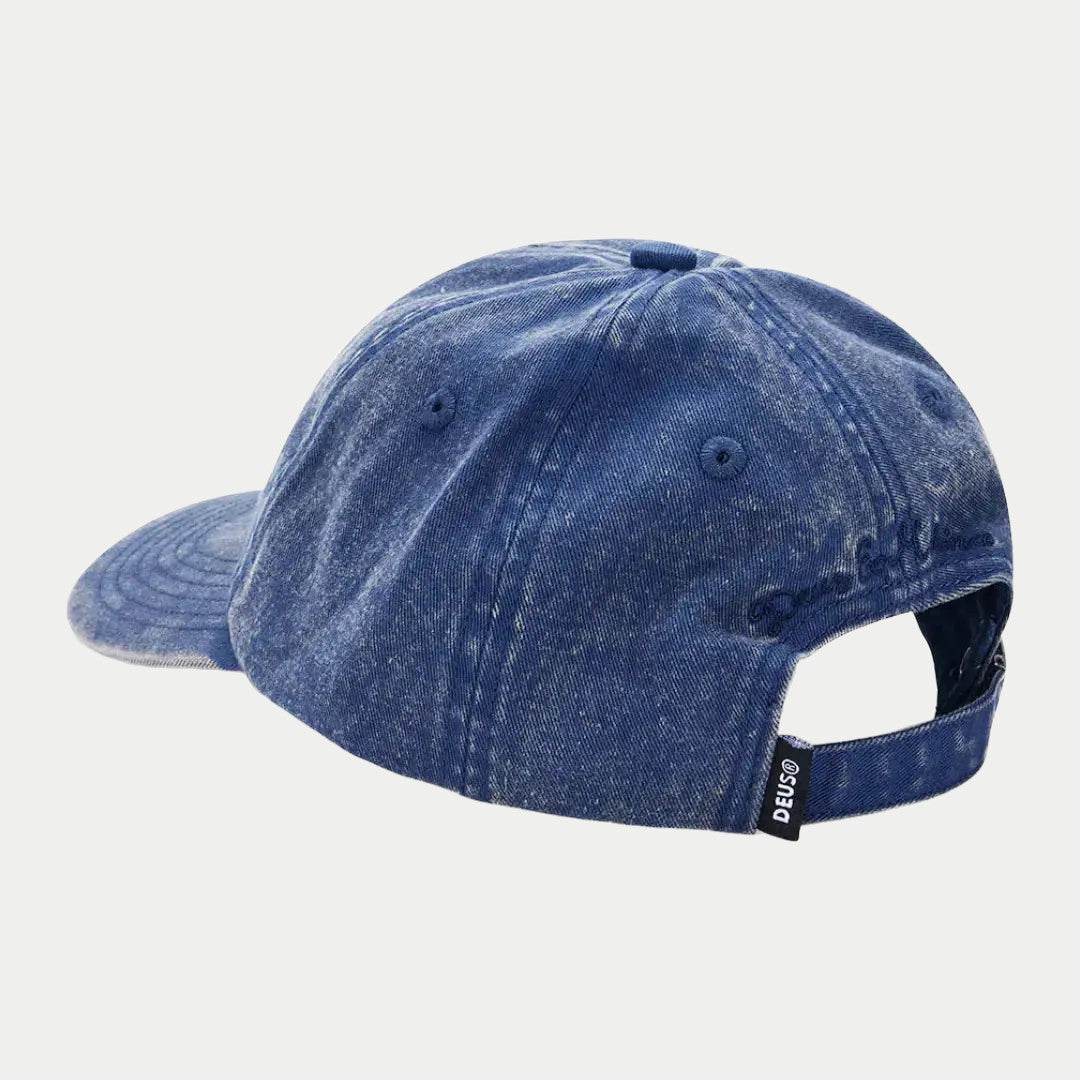 Casquette Mechanic Blue de dos, script brodé bleu et sangle réglable à boucle métal
