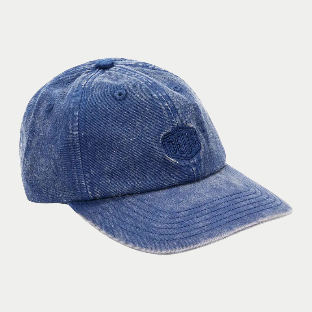 Casquette Garment Dyed Mechanic Blue, dad cap bleu jean marbré à bouclier brodé ton sur ton