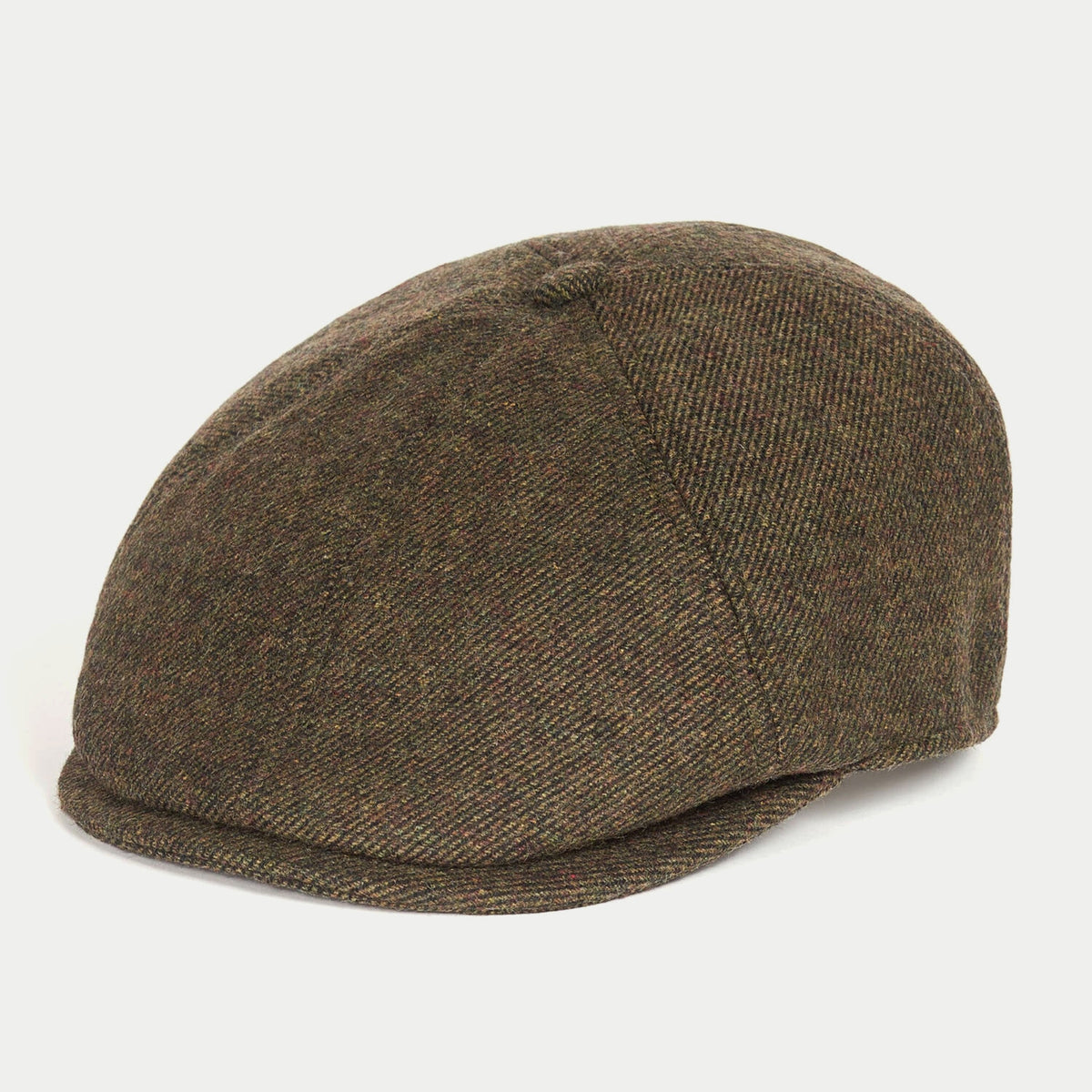 Casquette gavroche olive Barbour - profil trois quarts, laine à chevrons et calotte à panneaux