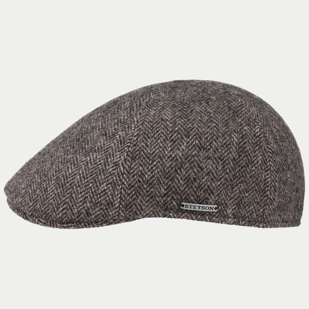 Casquette plate Texas en laine à chevrons gris et bruns, vue de profil