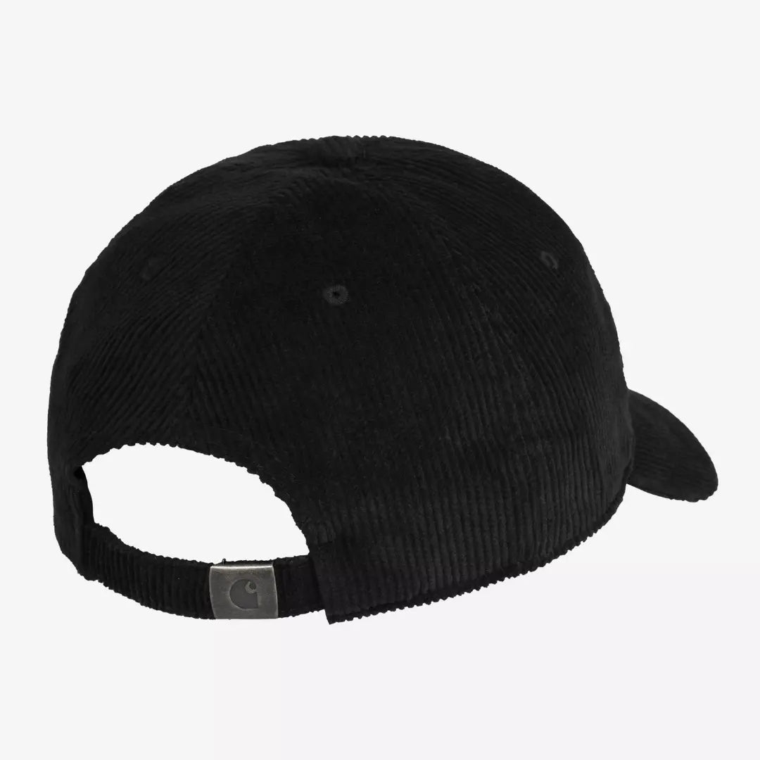 Casquette Harlem Cap noire vue de dos : côtes du velours, œillets brodés et sangle à boucle métal gravée