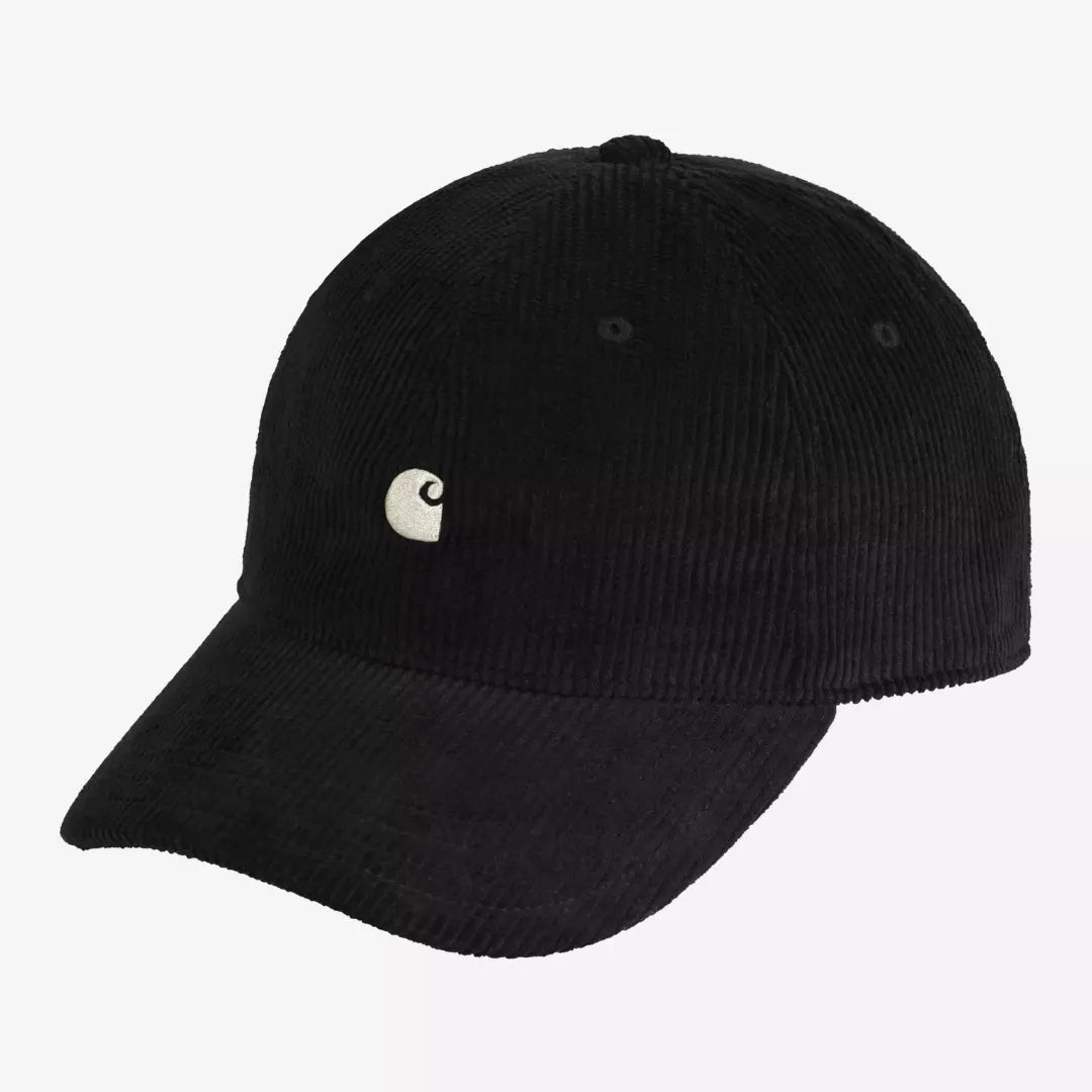 Casquette Harlem Cap en velours côtelé noir, logo brodé blanc cassé sur le panneau avant, vue de profil