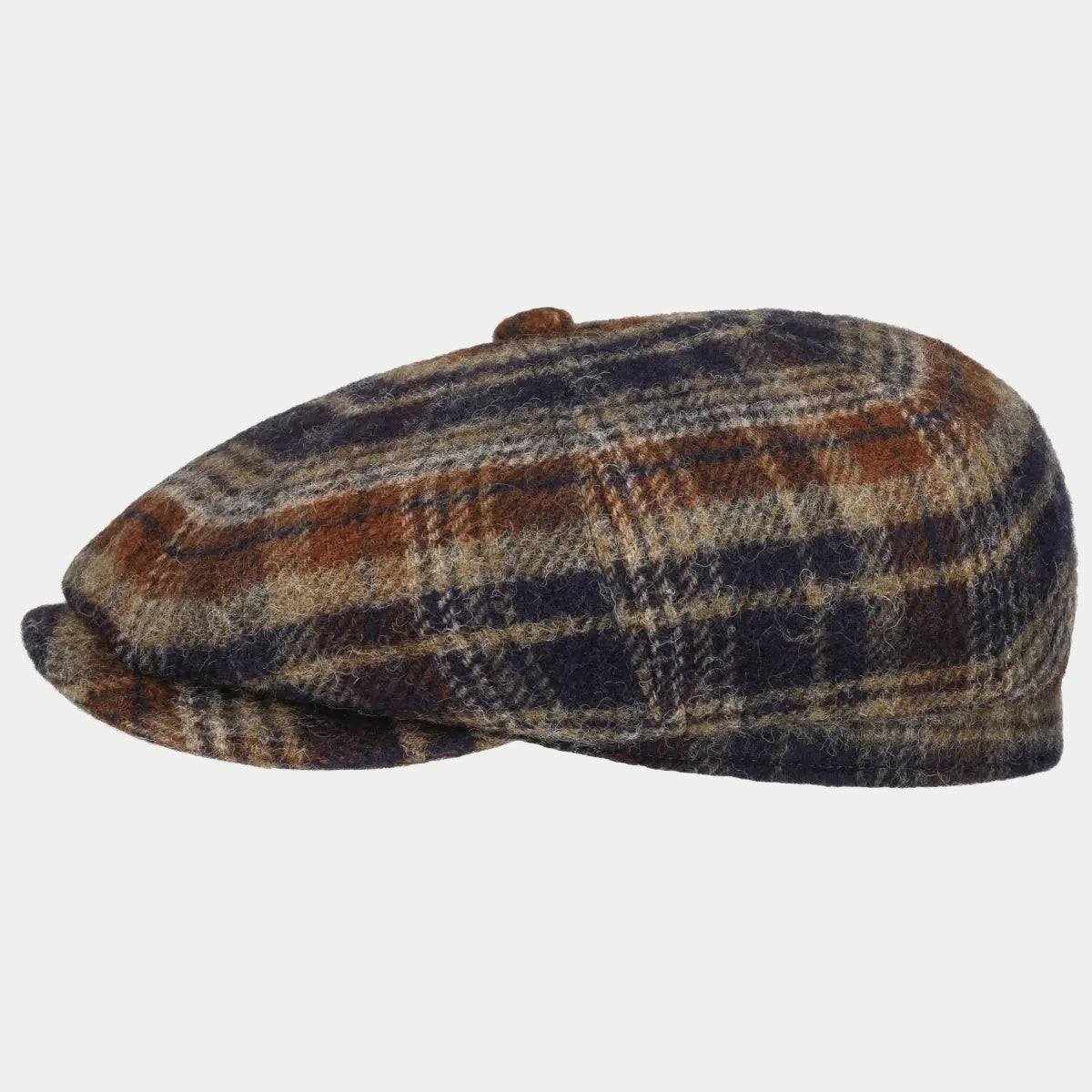 Casquette gavroche Hatteras en laine à carreaux marron, bleu marine et beige